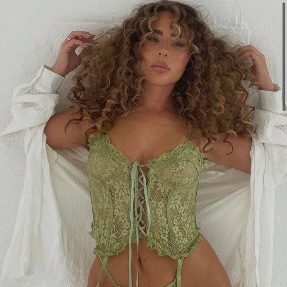 Sage Green Floral Lace Lace Up Corset With Suspender